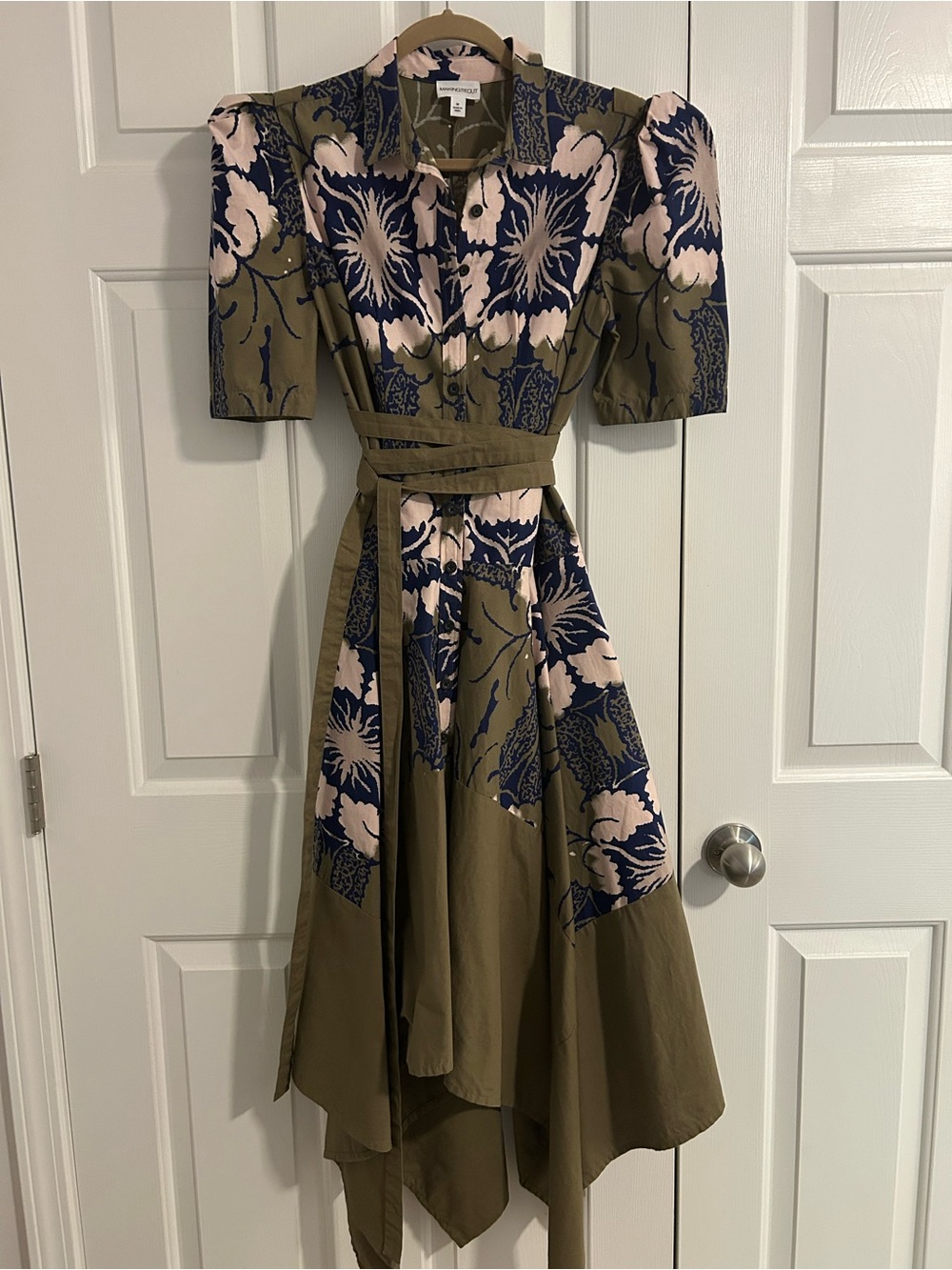 Olive Floral Print Belted Shirt Dress